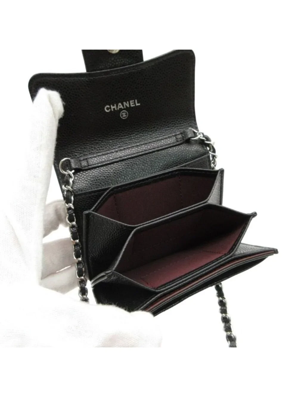 Chanel Shoulder Bag Chain Wallet Pouch Mini Quilted Caviar Leather Black